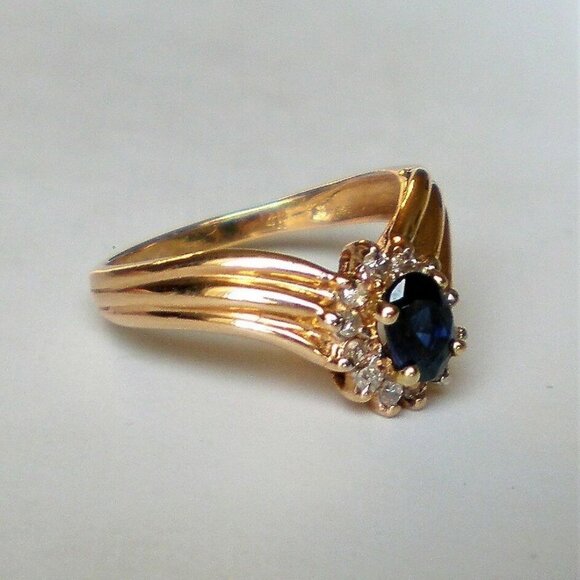 Vintage Solid 14K Yellow Gold 0.73CT Sapphire Diamond V Design Chevron Ring P - Picture 2 of 10